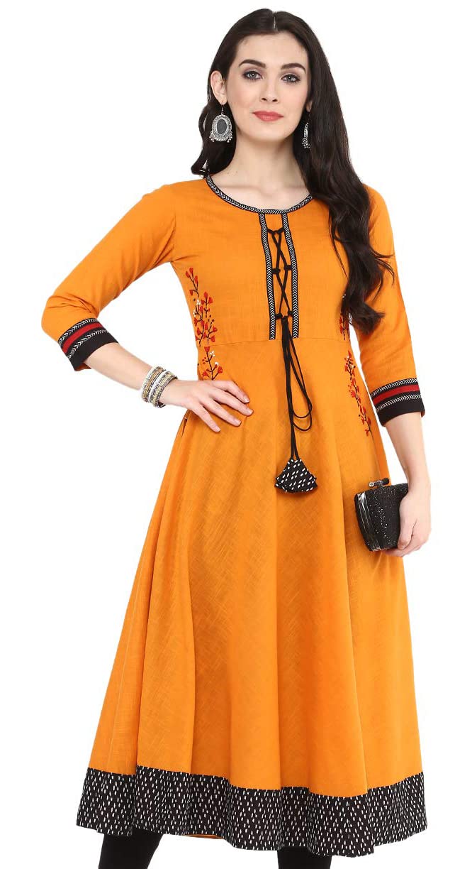 Yash Gallery Women's Cotton Slub Embroidered 3/4 Sleeve Round Neck Anarkali Kurtis (US, Alpha, X-Large, Regular, Regular, Mustard) - Image 1